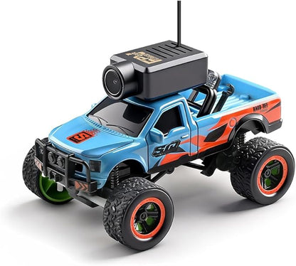 RC Truck with HD Camera WL 1/64 Scale FPV Mini APP Auto-Pairing Full-Proportional Remote Control Car Gyro Stabilized Micro RC Car for Adult Youth (RTR/Blue)