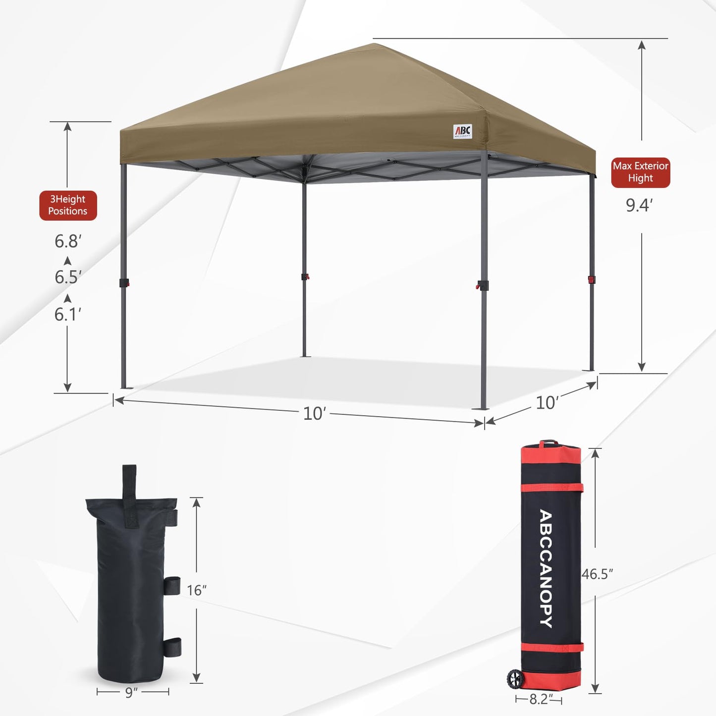 ABCCANOPY 10x10 Pop Up Canopy - Outdoor Patio Portable Canopy Tent Gazebo Heavy Duty for Backyard and Deck with 4 Sandbags and 8 Stakes (Light Brown)