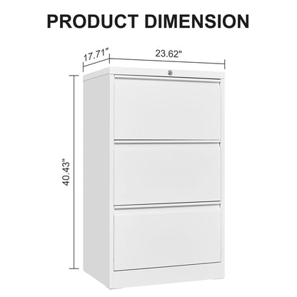 MilleLoom 3 Drawer Lateral File Cabinet Metal Lateral Filling Cabinet with Lock, Lockable File Cabinets for Home Office with Letter/Legal/F4/A4 Size Storage White