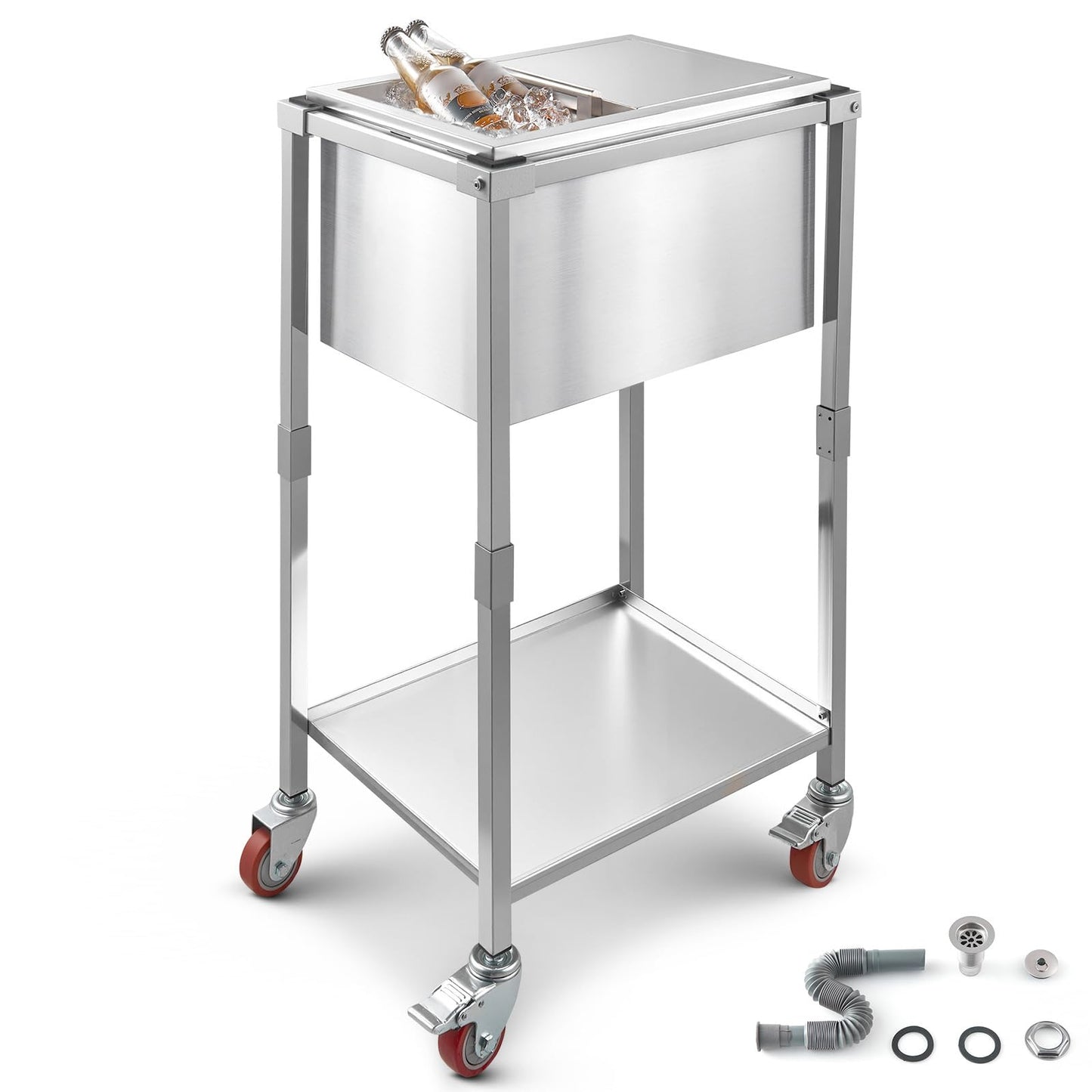 VEVOR Rolling Ice Chest Cooler Cart, 20" L x 14" W x 38" H Stainless Steel Cooling Bin on Wheels, 29.6 Quart Outdoor Stand Up Cooler Trolley with Shelf, for Patio Backyard Party Bar Cold Drinks