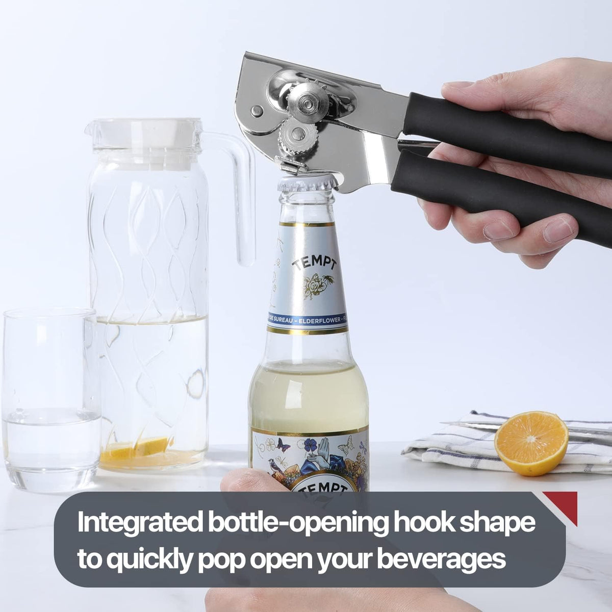 UHIYEE Heavy-Duty Manual Can Opener - Comfortable Extra-Long Handles & Oversized Knob | Black