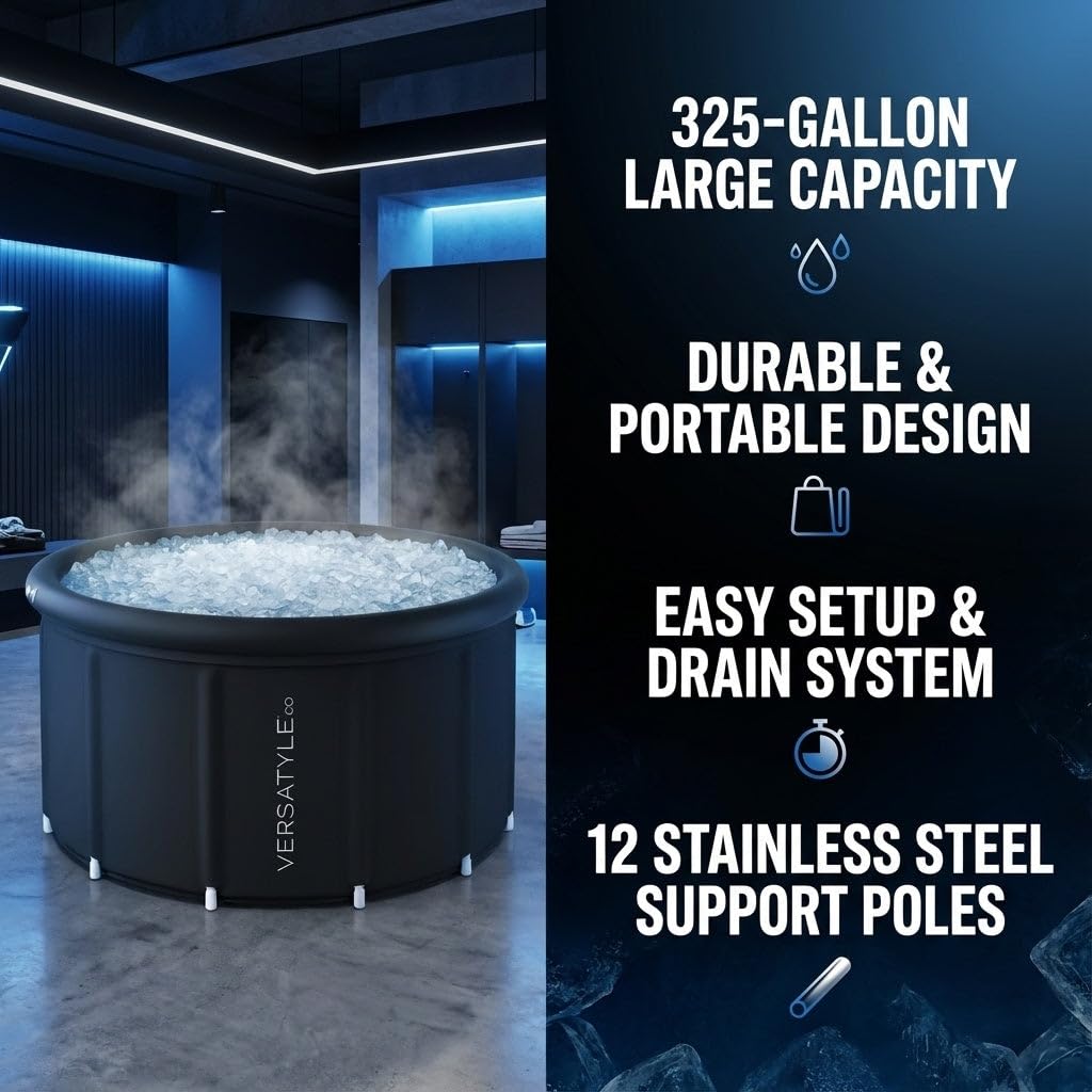 Versatyle XXL Ice Bath Tub for Adults, Extra Large Cold Plunge with Stainless Steel Frame, Insulated Walls, Cover, Pump & Carry Bag, Portable Recovery Pool, Fits Up to 4 People, 325-Gallon