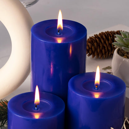 KONNI Classic Blue Pillar Candles Set of 3, 3"x 6" Unscented Pillar Candles Bulk, 56 Hours Long Burning Candles, Smokeless&Dripless Large Round Candle for Wedding, Home Decoration, Parties, Spas