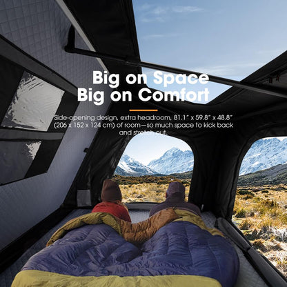 SanHima Rooftop Tent Hard Shell - Hotham Side Overland Aluminium Roof Top Tent Side-Open Design, Larger Space, Tri-Color LED Light & Skyview Window, for 2-3 People Car SUV Truck Camping