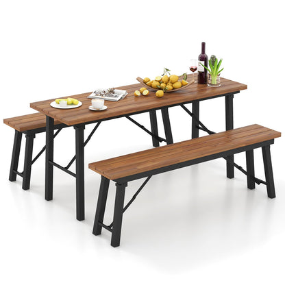 Tangkula Outdoor Dining Table With Benches for 4-6 Persons, No Assembly Foldable 59 Inches Narrow Patio Dining Table with Acacia Wood Top & Heavy Duty Metal Frame, for Yard, Garden, Poolside or Indoor