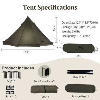 MC TOMOUNT 3.6lb Ultralight Hot Tent with Stove Jack, 4 Season 1-2 Person Tipi Backpacking Tent for Camping, 20D Ripstop Nylon, Windproof Waterproof Winter Teepee Tents for Hiking Survival Hunting