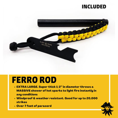 Black Beard Captain's Loot Fire Starter Kit with Ferro Rod & Fire Starter Rope | Fast Lighting Fire Starter Kit for Campfires (Waterproof & Windproof) | Infinite Shelf Life for Emergency Survival Kits