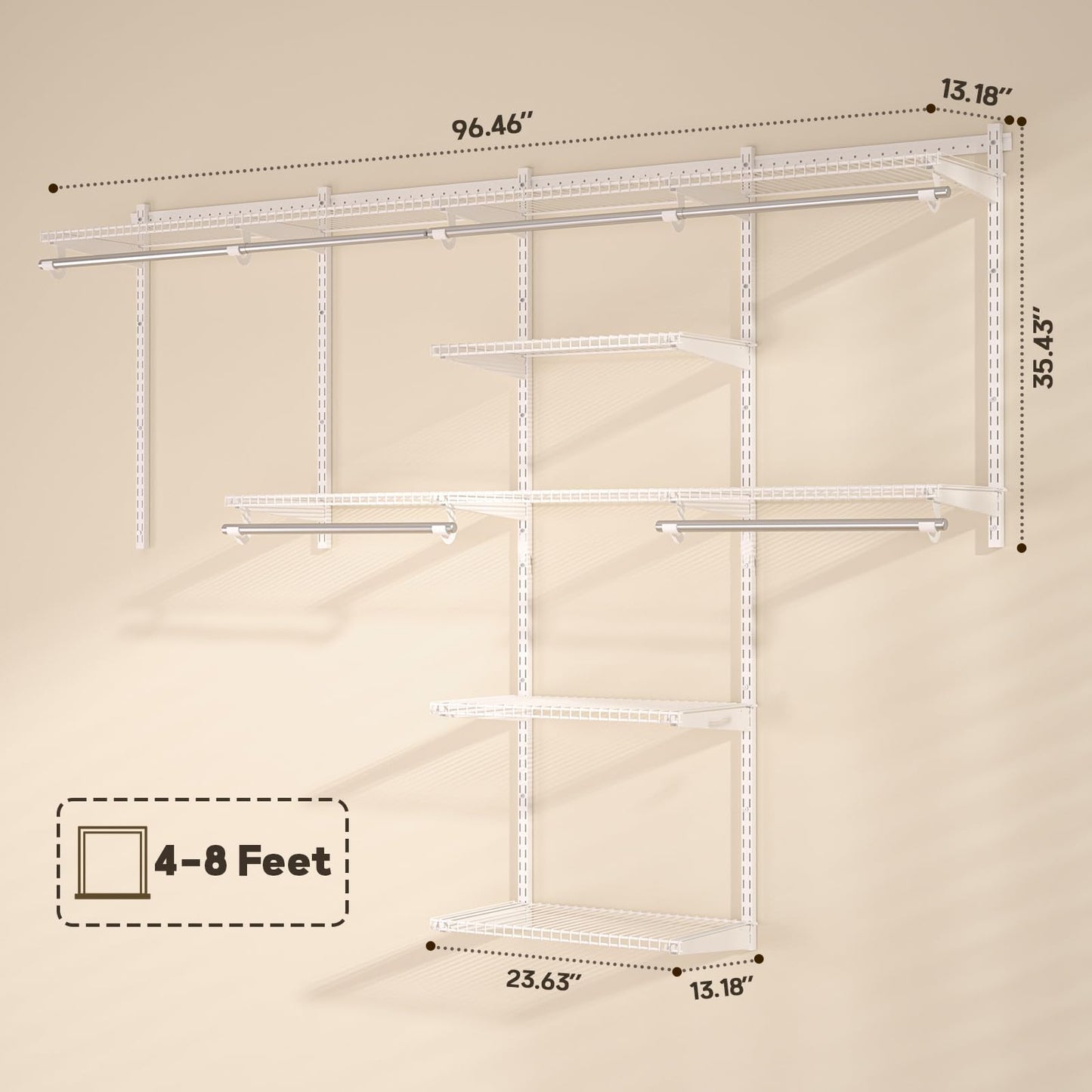 Homde Closet Organizer System Wall Mounted, 4-8 Ft. Adjustable and Expandable Metal Wire Shelving, Custom DIY Wardrobe Kit with Shelf, Clothes Hanging Rods, for Home Closet Laundry Mudroom