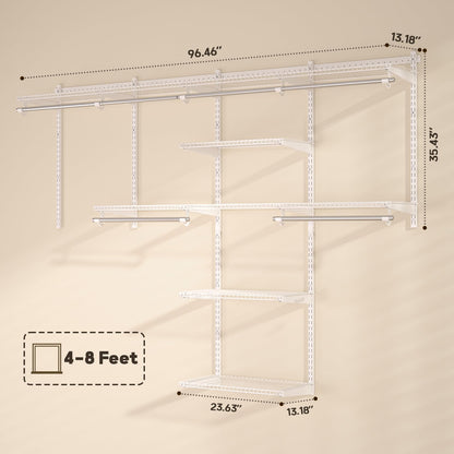 Homde Closet Organizer System Wall Mounted, 4-8 Ft. Adjustable and Expandable Metal Wire Shelving, Custom DIY Wardrobe Kit with Shelf, Clothes Hanging Rods, for Home Closet Laundry Mudroom