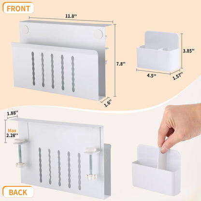 Desk Side Storage Under Desk Laptop Holder, No Drill Hanging Desk Organizer with Pen Holder, Clamp-On Table Side Tray Desktop Organization Mount for Office and Home (White)