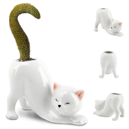 HKZTUY Ceramic Cat Planter Pot for Succulents and Cactus, Small Indoor Kitty Flower Pot with Drainage Hole, 5.71 x 2.95 x 3.86 in, Cute Desk Shelf Home Office Decor, White
