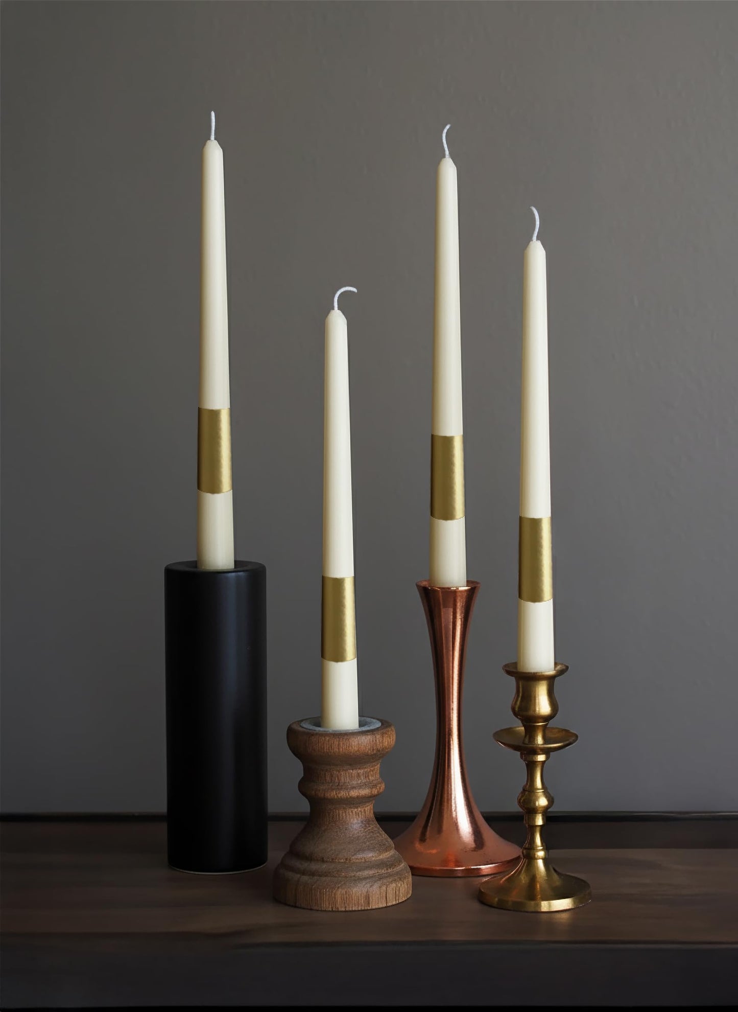 Homeology 10" Classic Taper Candles, Gold Stripe, Ivory, 12-Pack, 7-8 Hours Long Burning, Unscented Tall Candlesticks