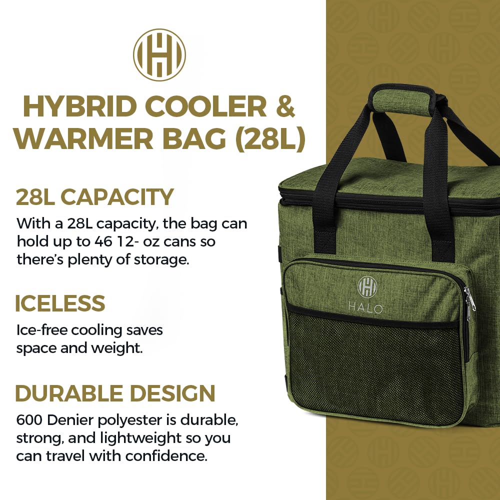 Halo 28L Hybrid Cooler & Warmer Bag | Electric Travel Cooler, Collapsible for Easy Storage, Keep Drinks Cold & Food Warm, Ice Free Cooling, Includes Shoulder Strap, DC Power Cord & AC Adapter — Green