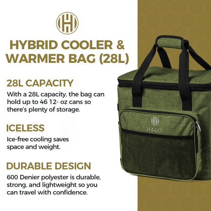 Halo 28L Hybrid Cooler & Warmer Bag | Electric Travel Cooler, Collapsible for Easy Storage, Keep Drinks Cold & Food Warm, Ice Free Cooling, Includes Shoulder Strap, DC Power Cord & AC Adapter — Green