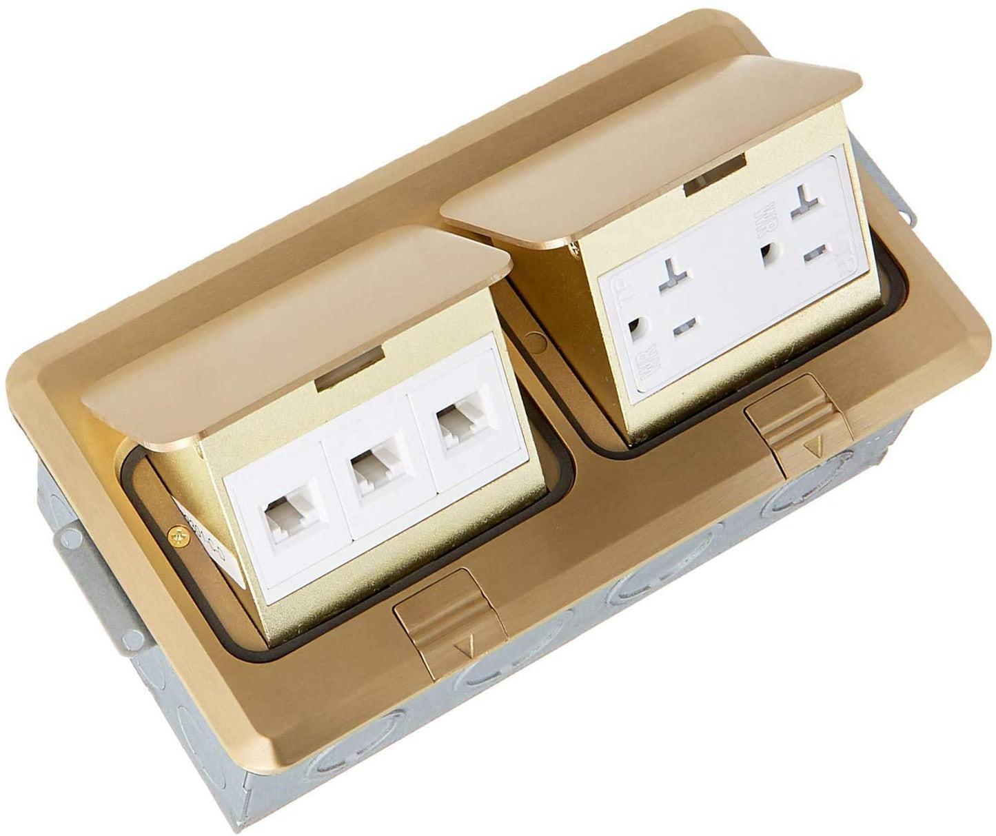 ENERLITES Dual Pop-Up Floor Box Kit, 8.68" X 4.81" Cover, 20A Tamper-Weather Resistant Receptacle Outlets, RJ45 Data Ports, Watertight Gasket, Corrosive Resistant Hardware, 662301-C-D, Brass