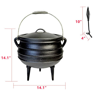 12 Quart Cast Iron Dutch Oven Cauldron Pot - Camping Cookware with Lid - Pre-Seasoned Heavy-Duty Potjie for Stews, Soups, Braising, and Frying Over Fire Pit Grill or Camp Stove