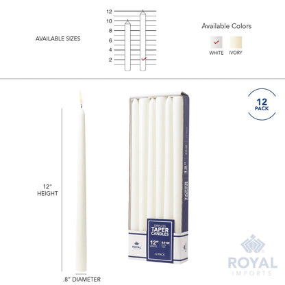 Royal Imports Unscented Taper Candles, Elegant Premium Quality, Dripless & Smokeless, Hand-Dipped Dinner Candles for Wedding, Holiday, Home Decor - 9 Hour Burn Time - Set of 12 (12 Inch, White)