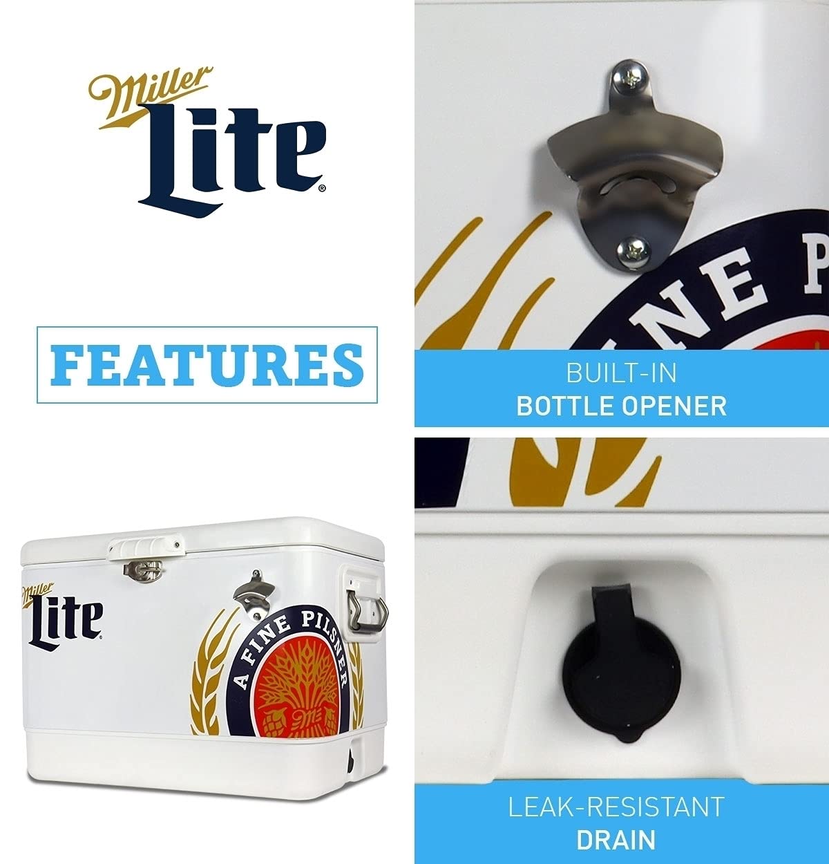 Miller Light Ice Chest Cooler - 85 Can Ice Box, Portable Ice Bucket with Bottle Opener, Vintage Style, Insulated for Camping, Beach, Picnic, RV, BBQs, Tailgating, Fishing, Steel-Belted, 51L (54 qt)