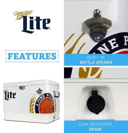 Miller Light Ice Chest Cooler - 85 Can Ice Box, Portable Ice Bucket with Bottle Opener, Vintage Style, Insulated for Camping, Beach, Picnic, RV, BBQs, Tailgating, Fishing, Steel-Belted, 51L (54 qt)