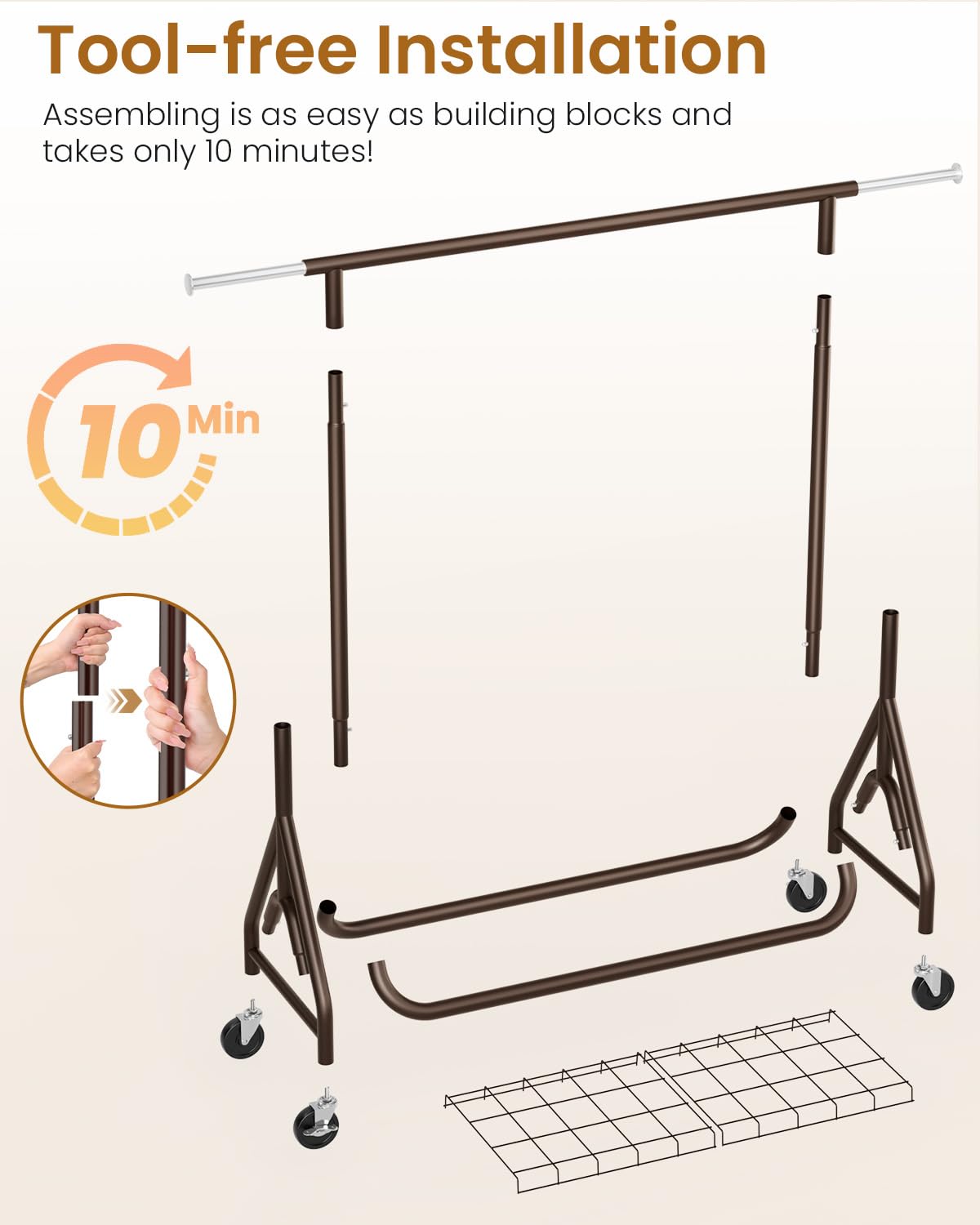 JIEJIERUI Heavy Duty Clothing Rack, Metal Clothes Rack Load 450 LBS, Rolling Coat Racks for Hanging Clothes with Lockable Wheels, Wardrobe Closet Garment Racks for Bedroom, Brown