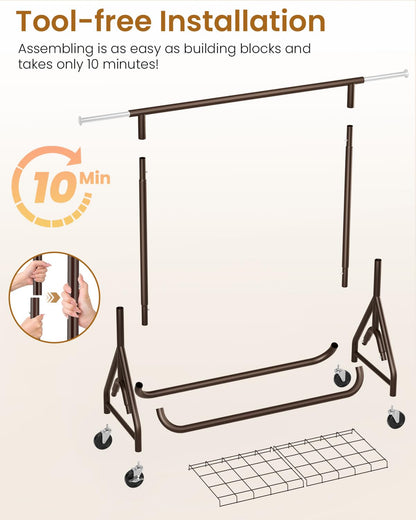 JIEJIERUI Heavy Duty Clothing Rack, Metal Clothes Rack Load 450 LBS, Rolling Coat Racks for Hanging Clothes with Lockable Wheels, Wardrobe Closet Garment Racks for Bedroom, Brown