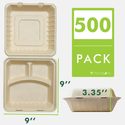 yoyomax [9x9-300Pack] 100% Compostable To Go Food Containers with Lids, 3-Compartment Take Out Clamshell Container, Bio Disposable | Eco Friendly | Heavy-Duty Boxes, Made of Sugarcane Fibers