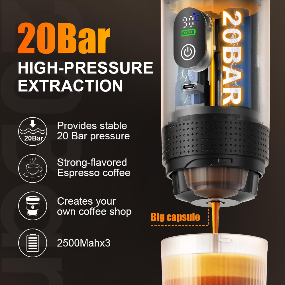 Portable Espresso Maker and Metal Stand Set, Self-Heating Travel Coffee Machine, Rechargeable Coffee Maker with Digital Display, 3-in-1 for Ground Coffee & Capsules, Camping RV Office