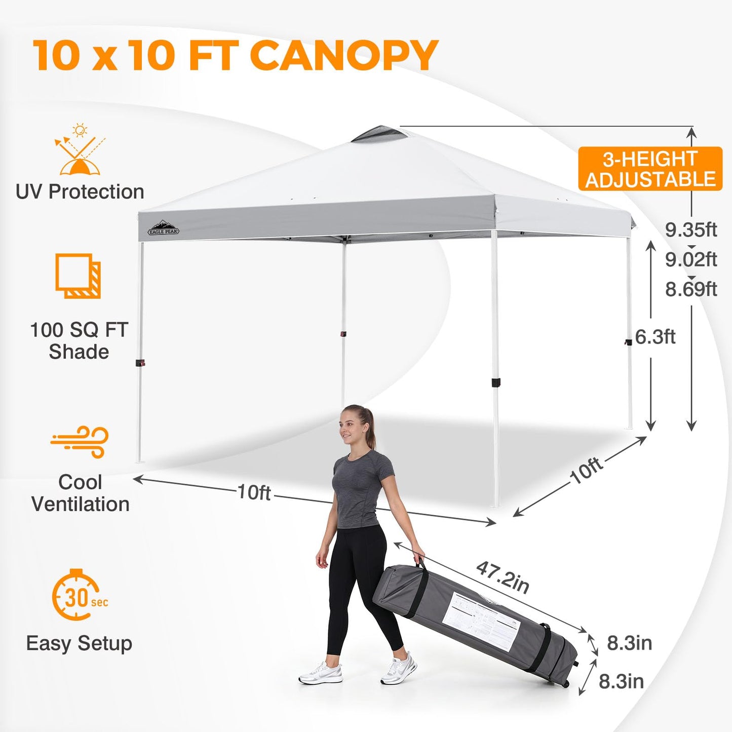 EAGLE PEAK Pop Up Canopy Tent with Wheeled Carry Bag, 8 Stakes, 4 Ropes, 4 Weight Bags, Easy Set Up Tent Canopy, 10x10 ft, 100sqft of Shade, White