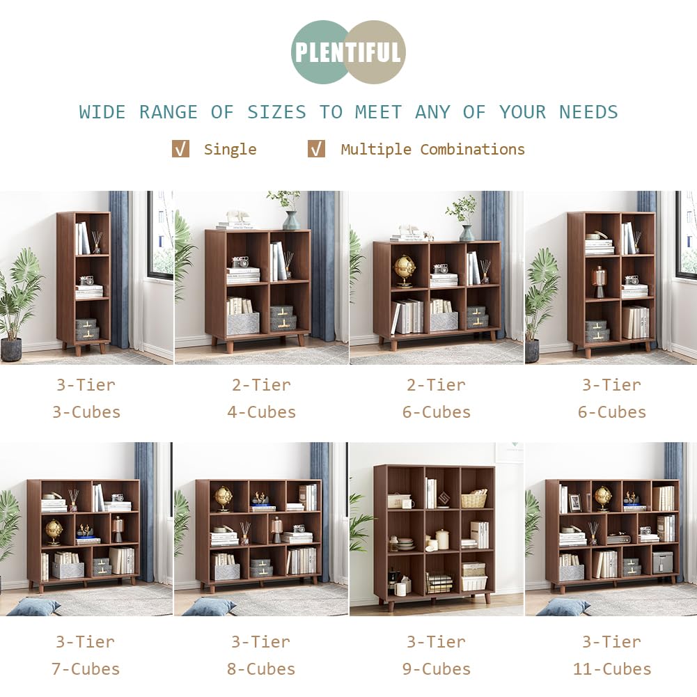 IOTXY Open Cube Low Bookcase - 3-Tier Freestanding Storage Display Cabinet Organizer with Legs for Home Office, 8-Cubes Open Shelf Short Bookshelf, Walnut