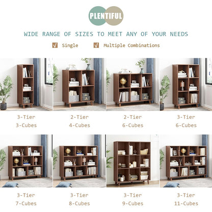 IOTXY Open Cube Low Bookcase - 3-Tier Freestanding Storage Display Cabinet Organizer with Legs for Home Office, 8-Cubes Open Shelf Short Bookshelf, Walnut