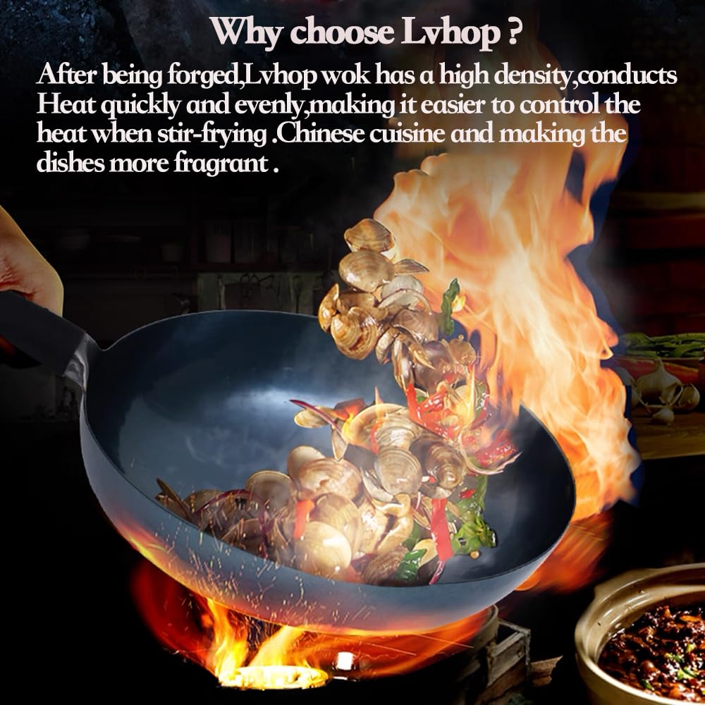 Lvhop iron wok with lid,14 inch woks & stir-fry pans nonstick,chinese traditional pans for open fire,large cookwares,cooking,bbq,grill,camping,blue pre-seasoned round bottom wok (36cm)