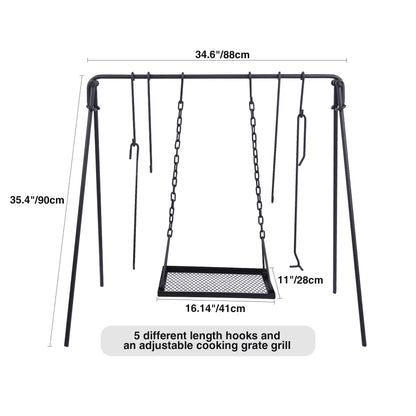 REDCAMP Swing Campfire Grill Stand - Collapsible Campfire Cooking Rack with 6 Hooks & Iron Grill Grate, Portable Dutch Oven Hanger for Outdoor Camping, Cookware, Bonfire, Rectangle