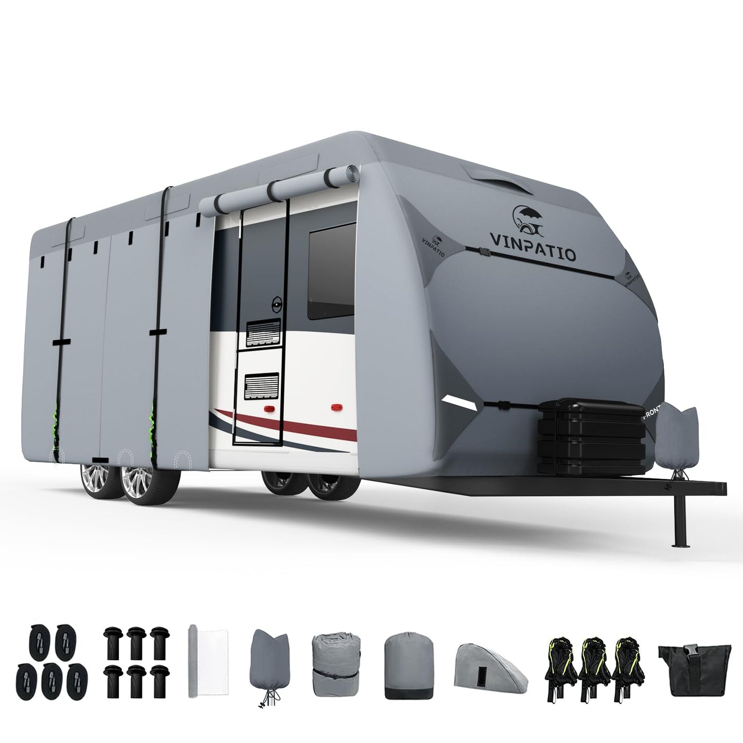 VINPATIO RV Cover, 7 Layers Heavy Duty RV & Trailer Cover, Toy Hauler Cover Fits 35'-38' RV Travel Trailer Camper Cover with Tongue Jack Cover, Extra Windproof Straps, Gutter Covers