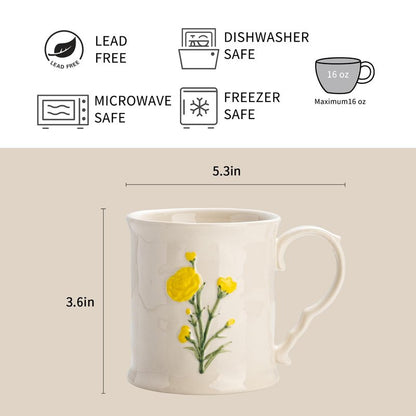 DELIGHTS GALORE Ceramic coffee Mugs, Set of 1 Yellow Flower - 16oz, Hand-Painted, Microwave heating and dishwasher cleaning available, Ideal for Daily Brews