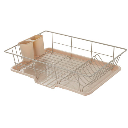 Sweet Home Collection Space-Saving 3-Piece Dish Drainer Rack Set: Efficient Kitchen Organizer for Quick Drying and Storage - Includes Cutlery Holder and Drainboard - Maximize Countertop Space, Beige