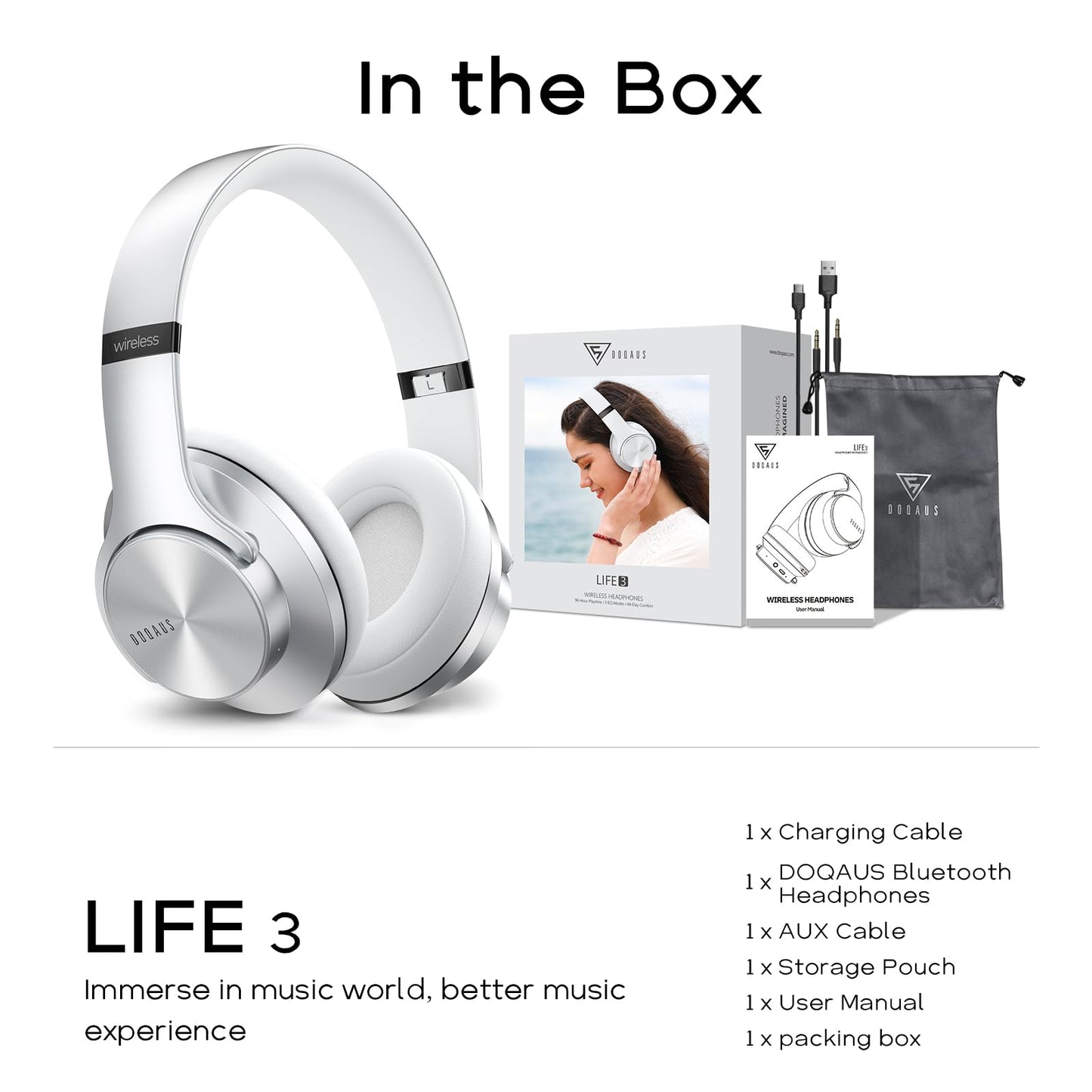DOQAUS Bluetooth Headphones Over Ear, 90H Playtime, 3 EQ Modes, HiFi Audio, ENC Mic, Reinforced Durable Frame & Soft Earpads for Extended Wear, Phone, PC, Travel