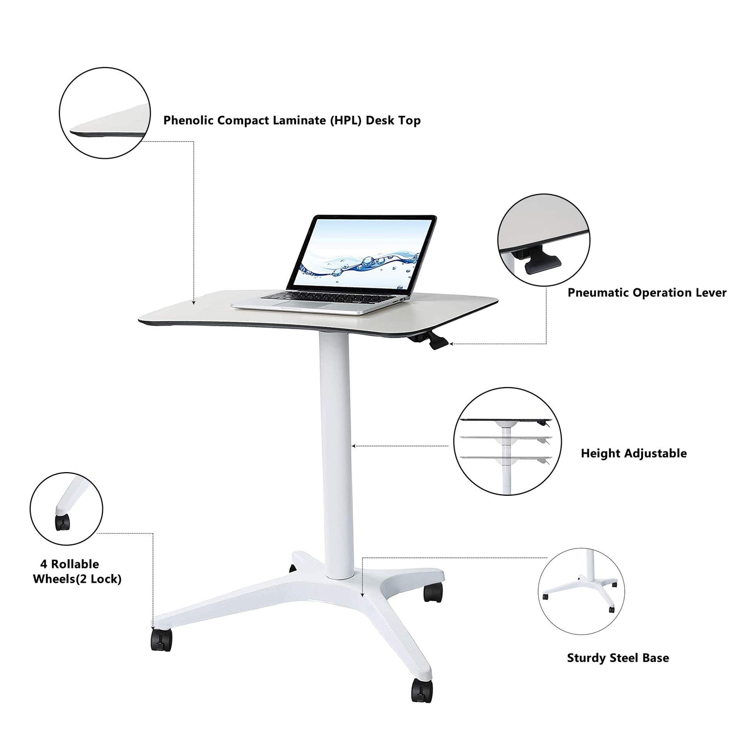 CARTMAY Mobile Standing Desk,Pneumatic Height Adjustable Laptop Desk, Mobile Laptop Desk with Wheels, Height Adjustable from 29.5'' to 47'',White