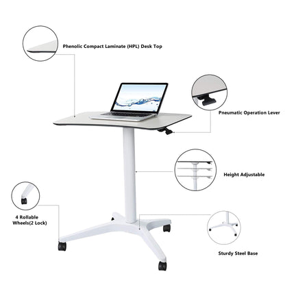 CARTMAY Mobile Standing Desk,Pneumatic Height Adjustable Laptop Desk, Mobile Laptop Desk with Wheels, Height Adjustable from 29.5'' to 47'',White