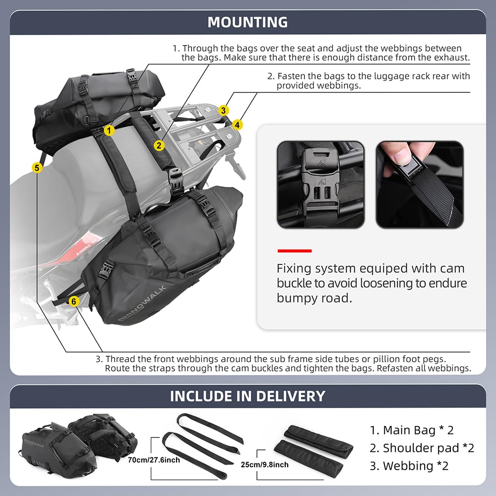 Rhinowalk Motorcycle Saddle Bags Waterproof Anti-Vibration Motor Side Bags Shoulder Bag Motorbike Panniers 28L(14L*2) for most Adventure and Sport Motorcycle Racks, 1 Pair