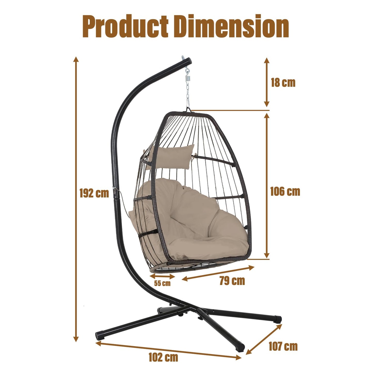 BestOffice Egg Chair Indoor Outdoor with Stand Swing Hanging Rattan Patio Basket Chair with Soft Cloud Polyester Cushion Adjustable Headset for Bedroom Outdoor Garden Swimming Pool Porch, Tan