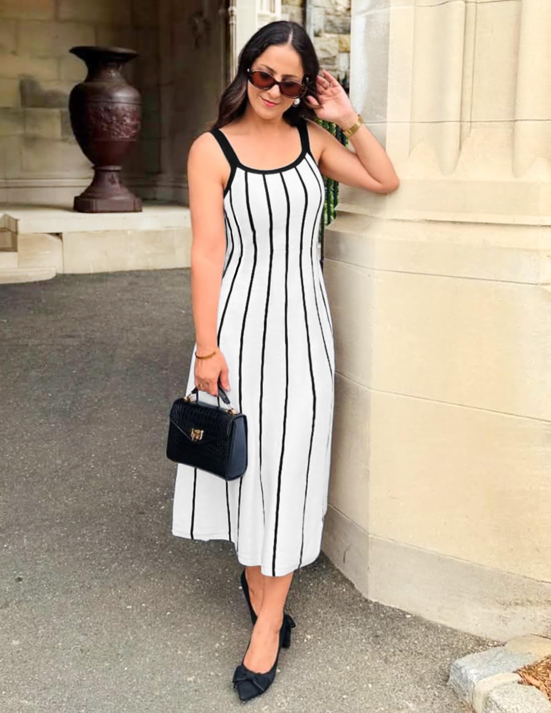 ZESICA Womens 2025 Summer Sleeveless Striped Midi Dresses Casual A Line Swing Knit Long Dress Beach Vacation Clothes,White,Small