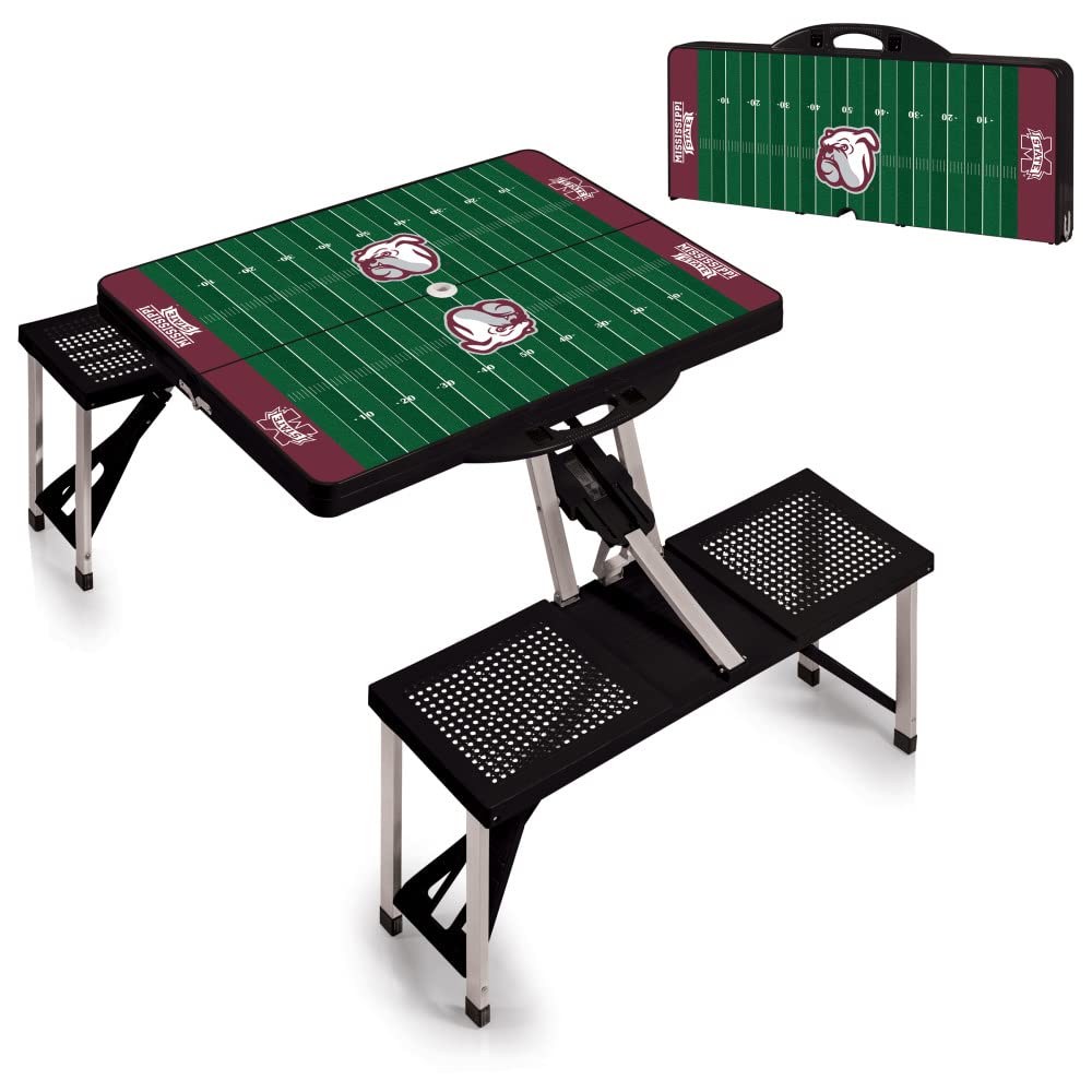 PICNIC TIME NCAA Mississippi State Bulldogs Football Field Folding Picnic Table - Camping Table - Outdoor Table with Umbrella Hole, (Black)