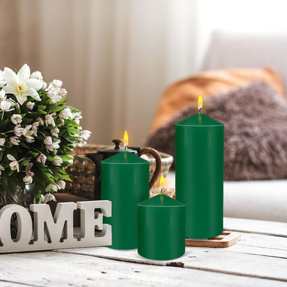 Pillar Candles 3 x 4, 6, and 8 inches, Large Handmade Candles Set of 3, Green Decorative Candles for Wedding, Home Decoration, Dinner, Church