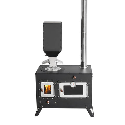 Large Outdoor Camping Cooking Stove with Oven Portable Hot Tent Stove with Pellet Bin Burner Chimney