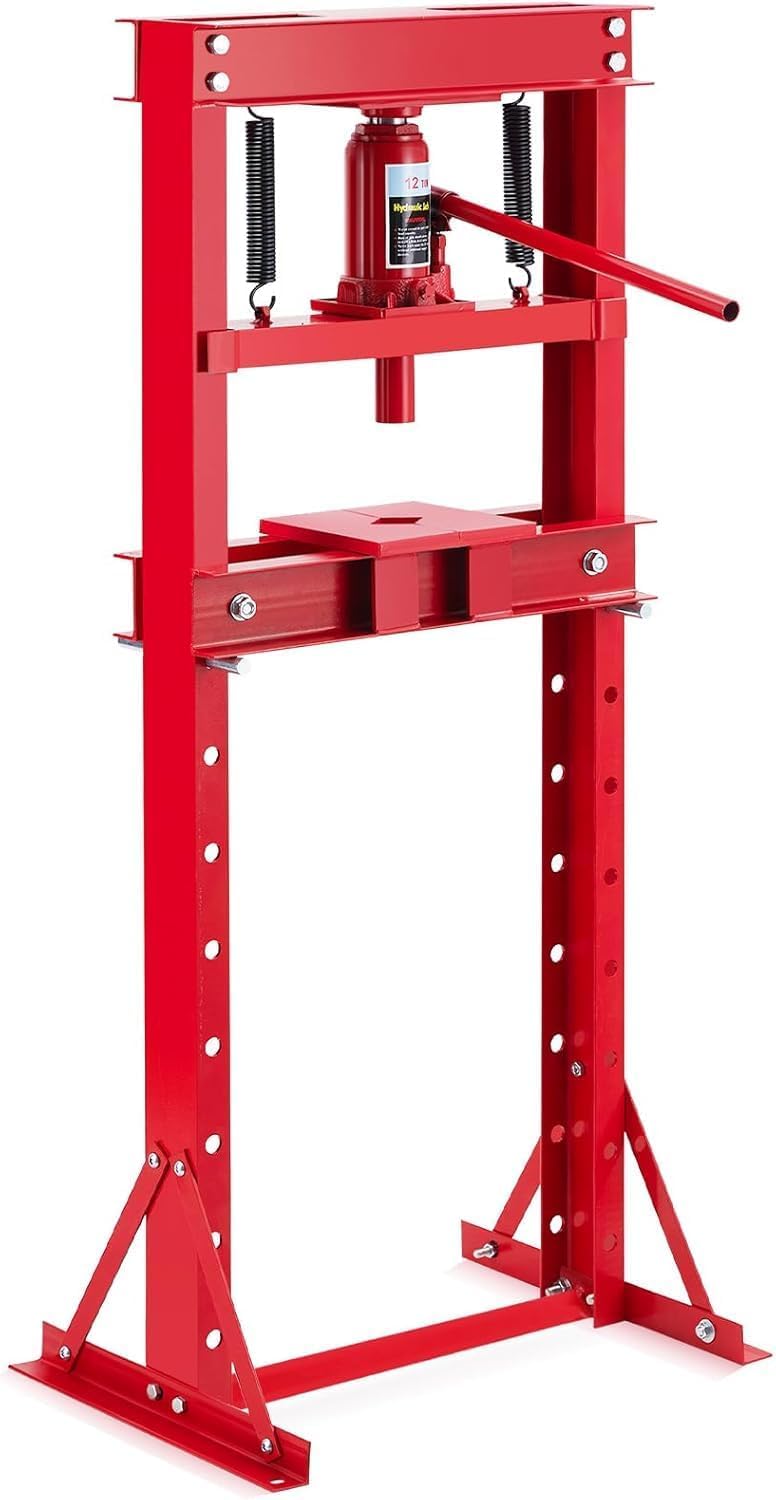12 Ton Hydraulic Press with Adjustable Table, Heavy Duty H-Frame Hydraulic Shop Press with Movable Plates, Ideal for Auto Repair, Metal Bending, Garage Use, Red