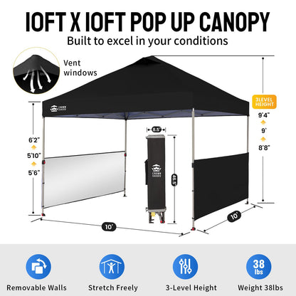 CROWN SHADES 10x10 Pop up Canopy Tent Instant Canopy with 150D Silver Coated Fabric Including 2 Half Sidewalls, 4 Ropes, 8 Stakes, 4 Weight Bags, STO 'N Go Bag, Black