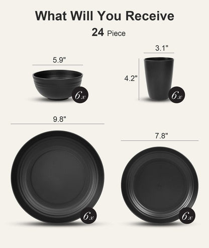 Quatish 24 Piece Plates and Bowls Sets for 6, Unbreakable Dinnerware Sets, Dish Set for Camping, Dishwasher Microwave Safe, Outdoor Kitchen and Apartment Dinning RV Essentials, Black