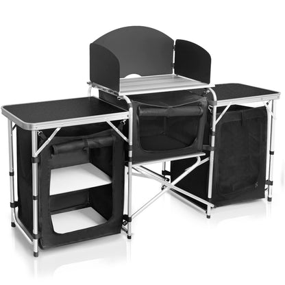 CampLand Folding Camping Kitchen Table with Windscreen,Portable Outdoor Cooking Station with Storage Cabinet & Side Tables Heavy Duty Camp Cook Station for Camping & BBQ (Black3cabinet)