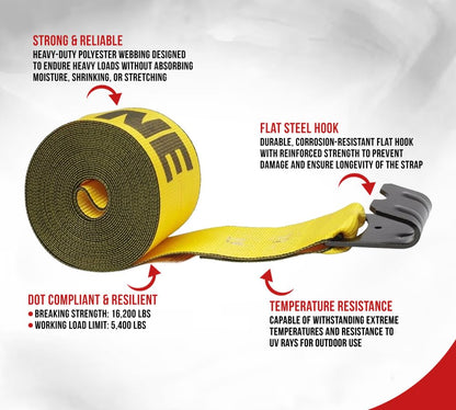 Mytee Products Kinedyne Winch Straps 4" x 30' Gold Heavy Duty Tie Down w/Flat Hooks WLL# 5400 lbs | 4 Inch Cargo Control for Flatbed Truck Utility Trailer (10 Pack)