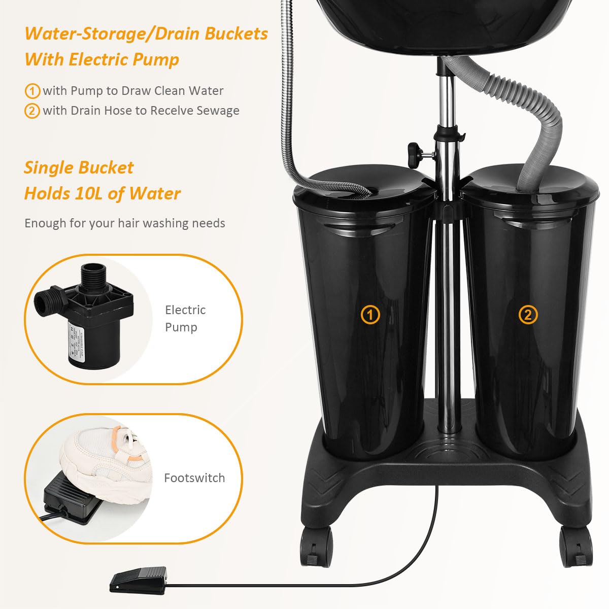 johgee Adjustable Portable Shampoo Bowl with Electric Pump,Hair Washing Station Sink with Buckets&Drain Hoses,Portable Wash Bowl for Hairstylist,Portable Salon Sink Hair Wash Basin for Home Barber Use